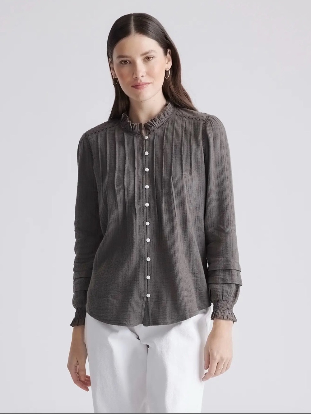 Quince Organic Textured Cotton Peasant Blouse Charcoal Small Boho Cottagecore
